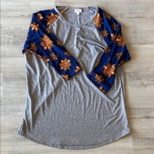 LuLaRoe Gray Top with Blue and Orange Sleeves